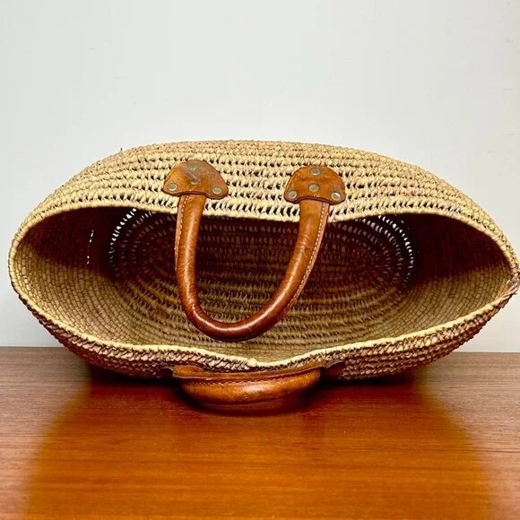Vintage Leather Handled Handwoven Moroccan Basket Tote